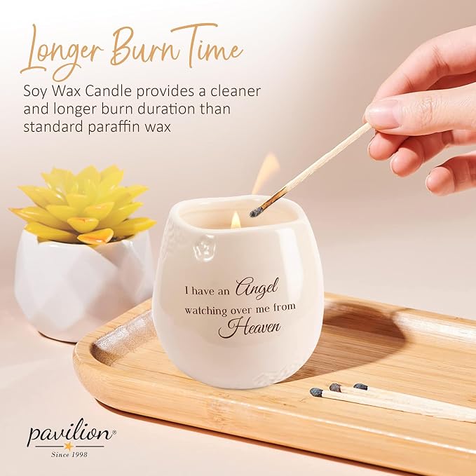 Pavilion Light Your Way Memorial Ceramic Vessel - 100% Soy Wax Candle with "I Have an Angel Watching Over Me From Heaven" Text, Decorative Soy Filled Candle, Scent of Tranquility, 8 oz, White