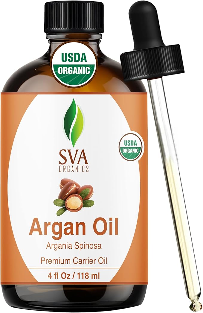 SVA Argan Oil Organic - 4 Fl Oz – 100% Natural Cold Pressed Organic Argan Oil - for Face, Skin Care, Hair Care, Scalp Massage & Body Massage – Carrier Oil with Dropper
