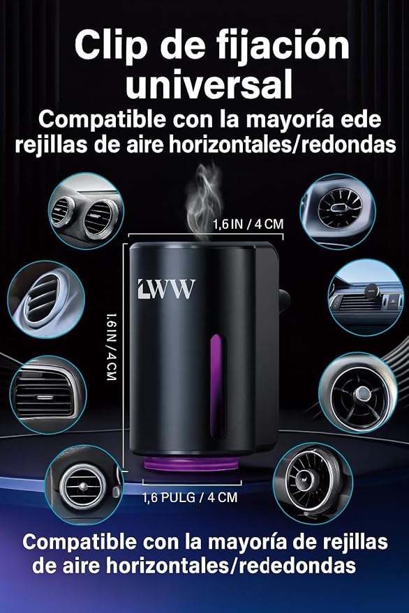 LWW Smart Car Air Freshener - 3 Levels Strength with Ventilation Clip, Rechargeable Car Fragrance Atomizer - with 8 10ml Bottles of Fragrance, Long Lasting Oil Diffuser (Black)