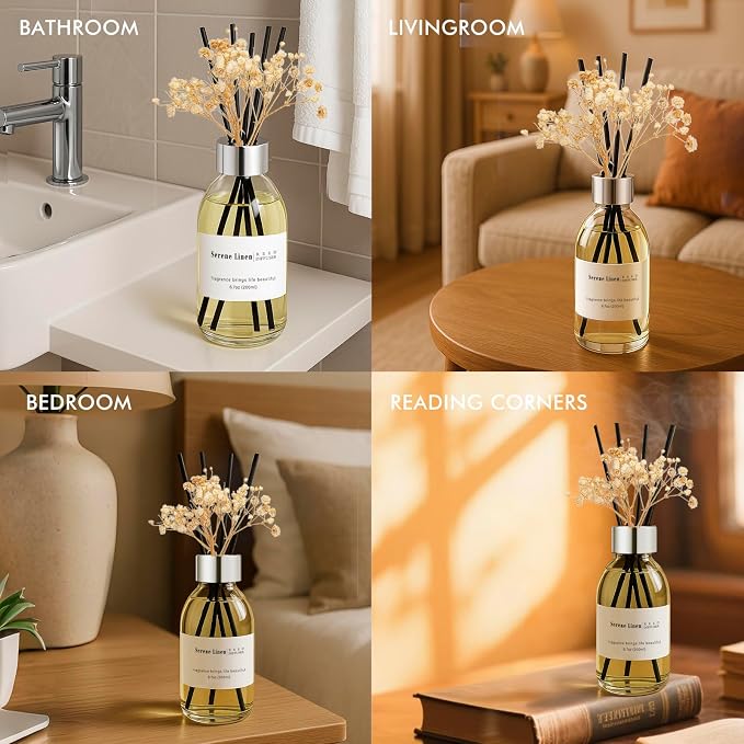 Clesh Reed Diffuser Set, 6.7 oz Serene Linen Scented Diffuser with Sticks, Home Fragrance Reed Diffuser for Bathroom Shelf Decor