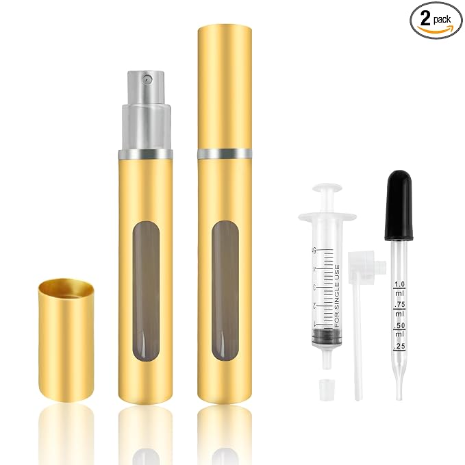 2 Pack Refillable Mini Perfume Atomizer Bottle，Portable Separate Bottles，Travel and Outings Spray Boxes Dispensers 5ml/0.2oz (Golden)
