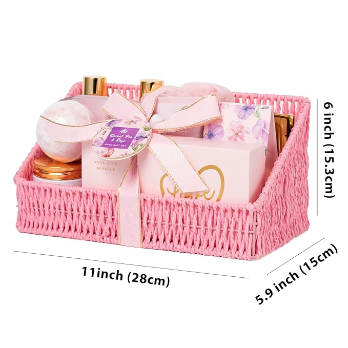 Gifts for Women, Gifts Basket for Women, 32 Pcs Rose Bath and Body Gift Basket Set, Hydrating Facial Skin Care Set, Self Care Pampering Kit, Home Spa Basket Set for Mom & Wife, Birthday, Anniversary