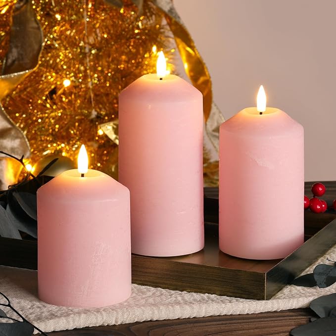 Pink Flameless Pillar Candles with Remote, Real Wax LED Candles Battery Powered Flickering Set of 3