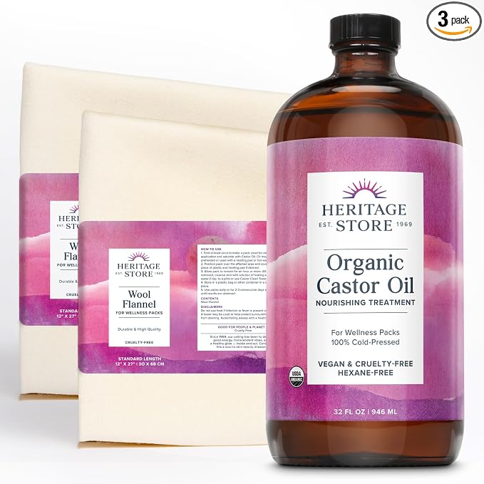 HERITAGE STORE Organic Castor Oil Pack Wrap Kit - Soothing Castor Oil Packs, Heat Compress for Abdomen, Joints, Overall Health, 32oz Cold Pressed Organic Castor Oil, Two 12 x 27in. Wool Flannel Cloths