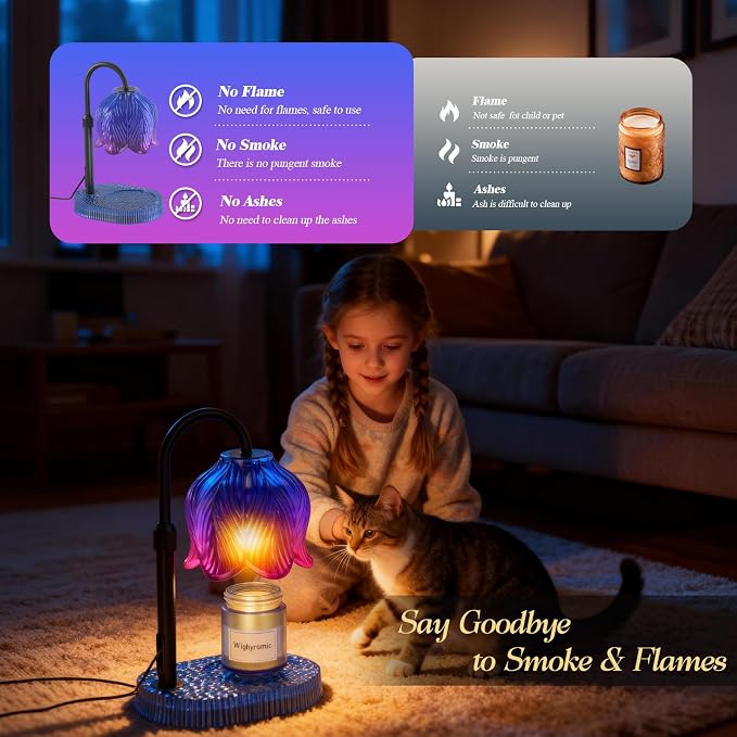 Candle Warmer Lamp with Adjustable Height - Flameless 4-Level Dimmable Wax Warmer, Timer Function & Stylish Design in Multiple Colors (Blue)