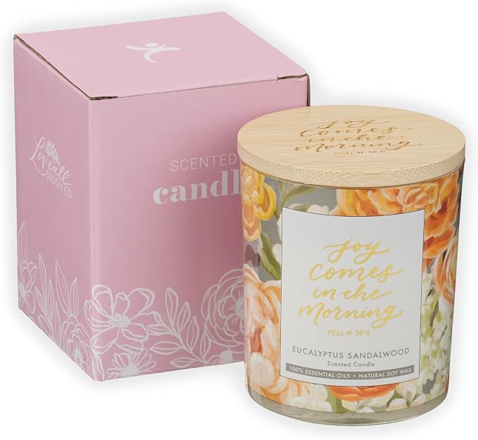 Christian Art Gifts Soy Wax Scented Candle: Eucalyptus Sandalwood Scent, Joy Comes in the Morning Bible Verse, Pure Essential Oil, 4.5oz, 20 Hours Burn Time, Glass Jar w/Bamboo Lid, Encouragement Gift