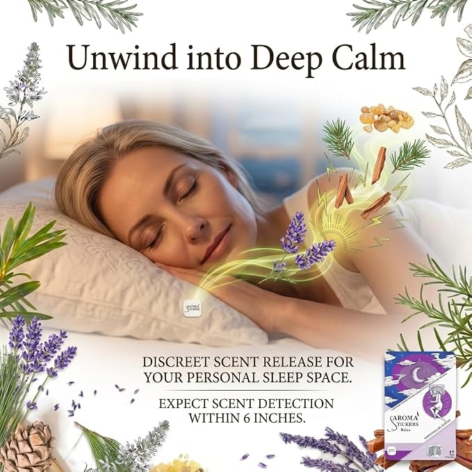 AROMA STICKERS® Original Blend RELAX Edition- 100% Natural Essential Oil Scented Mask Stickers for Face Mask & Pillow (12 Stickers/pc) -Personal Aroma/Relaxing (Pack of 1)