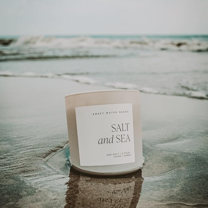 Sweet Water Decor Salt and Sea Soy Candle - Sea Salt, Citrus, Musk, and Amber Scented Summer Candles for Home - 15oz Tan Matte Jar, 70+ Hour Burn Time, Made in The USA - Beach Candles and Decor
