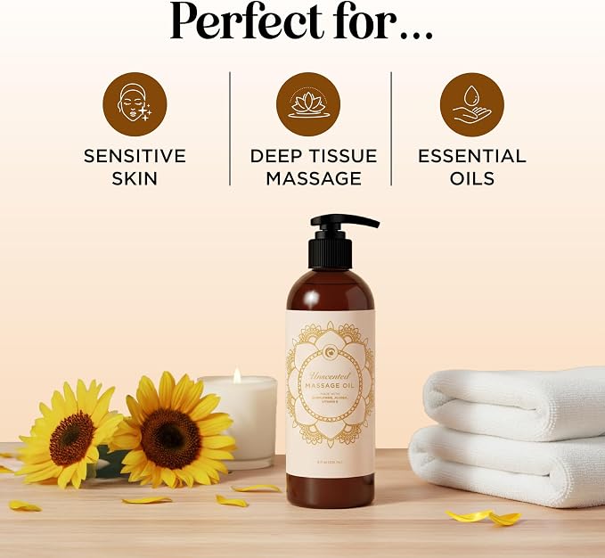 Unscented Massage Oil for Massage Therapy - Gentle and Luxurious Unscented Body Oil Full Body Care with Sweet Almond Sunflower Jojoba and Vitamin E - Vegan Non GMO & Gluten Free (8 Fl Oz)