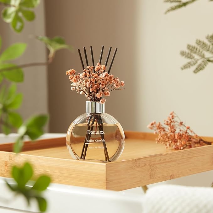 Flower Reed Diffuser Set 5.07oz Coffee & Chocolate Scent Diffuser with Sticks Home Fragrance Reed Diffuser for Bathroom Shelf Decor