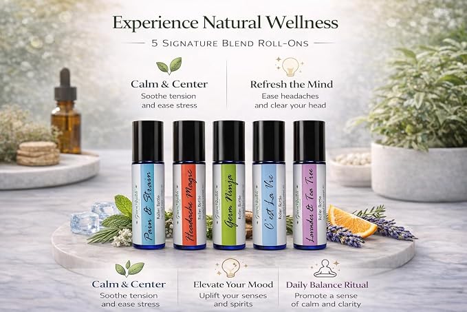 GreenHealth Essential Oil Roll On Set 5 Pack (10ml Each) Aromatherapy Roller Ball Variety Kit Pain & Strain Headache Magic Germ Ninja C’est La Vie Lavender Tea Tree Ready to Use Travel Size Gift Set