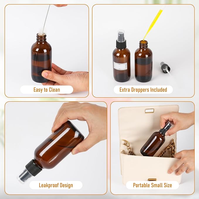 4 oz Amber Glass Spray Bottles 24 Pack, Leakproof Small Refillable Containers for Perfumes, Cleaning Products, Pet, Essential Oils - Empty Travel Size Bottles for Hair, Plants, Premium Sprayers