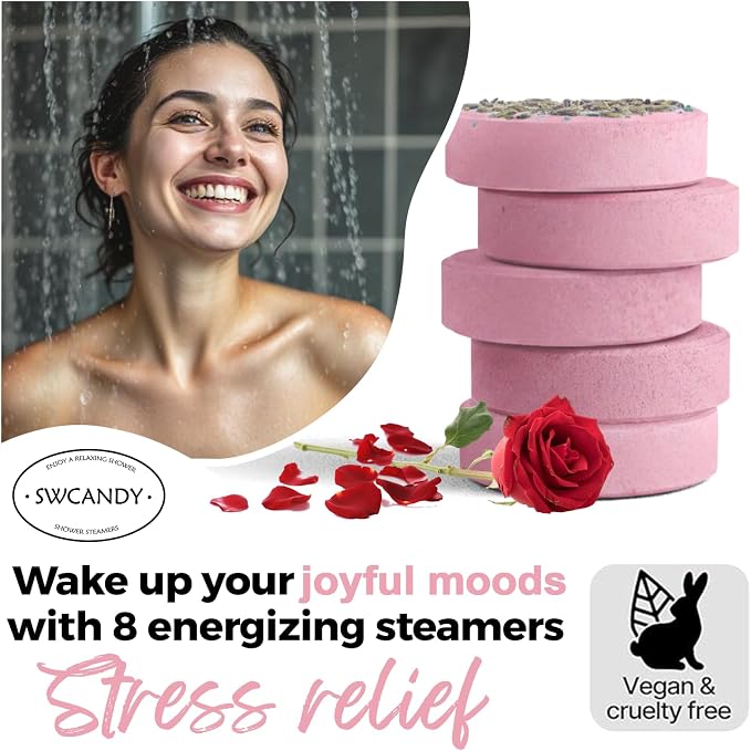 SWCANDY Shower Steamers Aromatherapy Birthday Gifts for Women Travel Essentials, 8 Pcs Rose, Bath Bombs Shower Bombs with Natural Essential Oils, Relaxation Home SPA