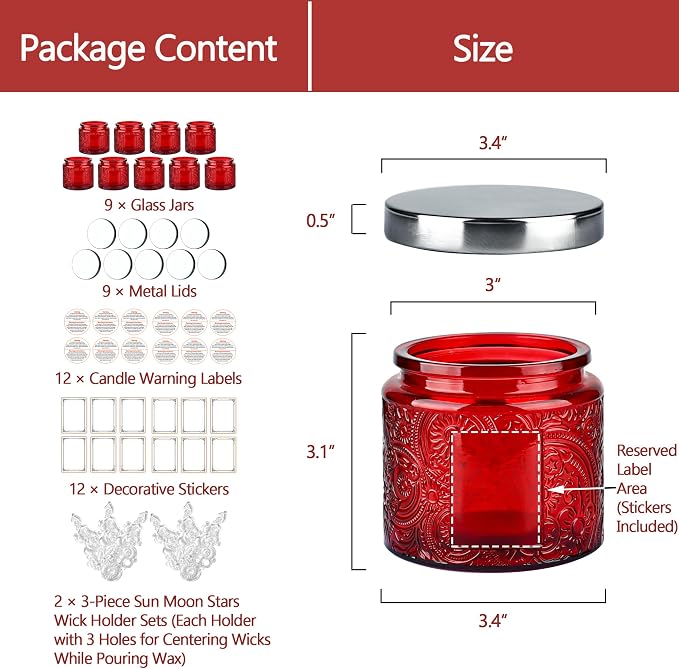 10 oz Red Sun Moon Stars Candle Jars with Metal Lids, 9 Pack | Patented Embossed Design, Includes Wick Centering Devices & Warning Labels, Multiple Color Options