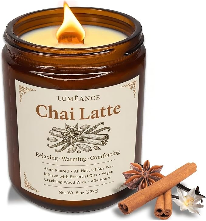 Chai Latte Candles for Aromatherapy, Hand Poured in Small Batches, 8oz Crackling Wood Wick Candle, 40+ Hours, 100% Soy Wax with Essential Oils, Home Decor Gift