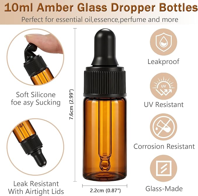 Elfenstall- 10pcs 10ml 1/3oz Amber Mini Glass Bottle Amber Sample Vial Small Essential Oil Bottle with Glass Eye Dropper Refillable Containers + 1pc Clean Cloth + 1pc 3ml Dropper