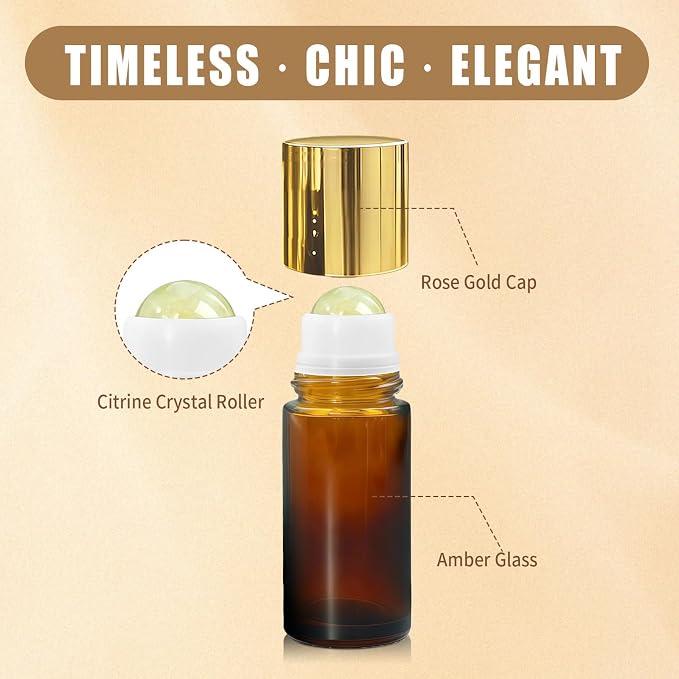 Citrine Crystal Roller Bottles for Essential Oils, 50ml Refillable Amber Glass Roll On Bottles with Natural Crystal Roller Balls, Leak-Proof Travel Perfume Bottle with Gold Caps