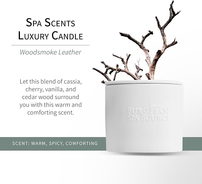 European Spa Source Woodsmoke + Leather Luxury Candle for Aromatherapy, Soy Wax Candle, Hand Poured, At Home Spa Experience Promoting Relaxation, 45 Hours of Burn Time