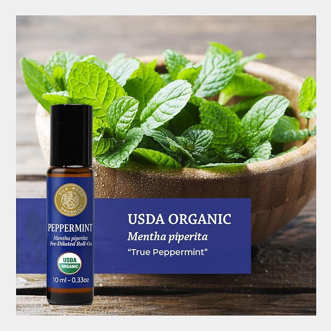 Silk Road Organic Peppermint Essential Oil Roll on for Head Tension, Nausea, Morning Sickness, Energy & Focus – 10ml USDA Certified Aromatherapy Roller - Always Pure, Always Organic