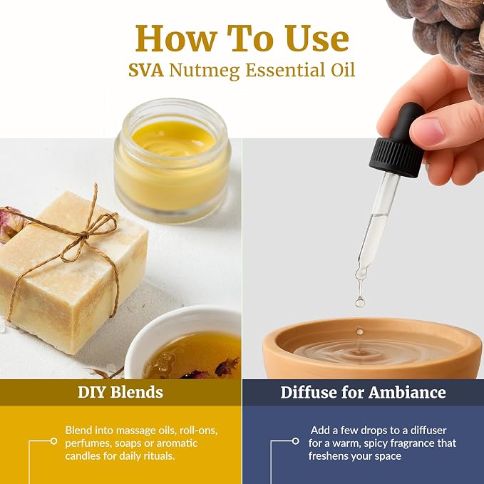 SVA Nutmeg Essential Oil – 1/3 Fl Oz – 100% Natural Nutmeg Oil - for Diffuser, Hair Care, Face, Skin Care, Aromatherapy, Scalp and Body Massage, Soap and Candle Making