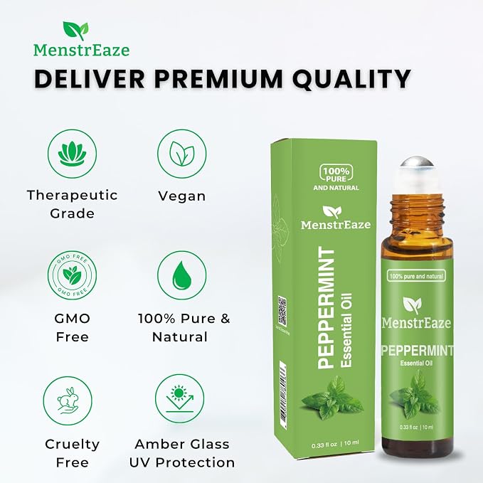 Peppermint Essential Oil Roll On, Migraine & Headache Support, High Potency, Mentha Piperita, 100% Pure Natural, Refreshing and Calming, Nausea Support, 10ml