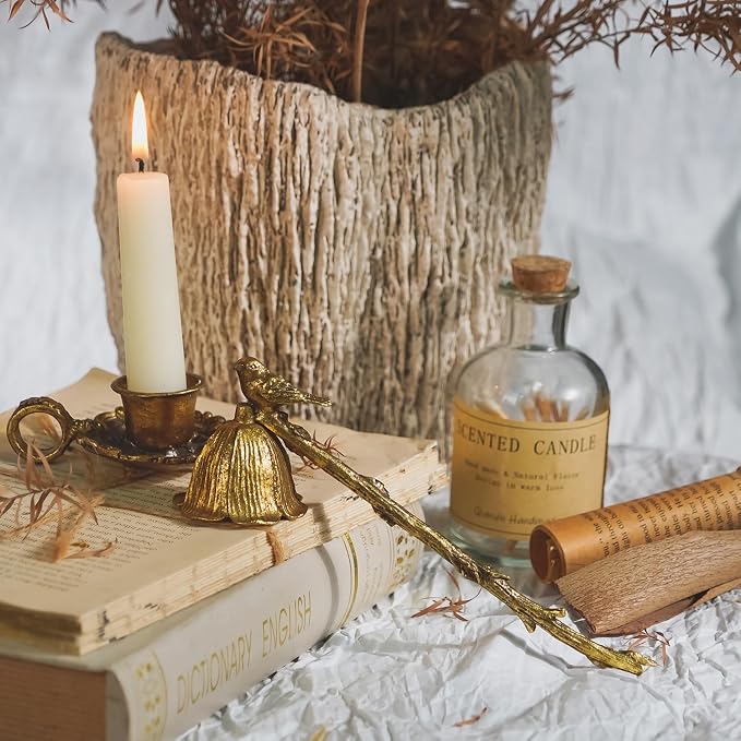 NIKKY HOME Gold Floral Candle Snuffer with Long Handle, Vintage Elegant Candle Extinguisher with Bird, Decorative Metal Wick Flame Snuffer Candle Accessory