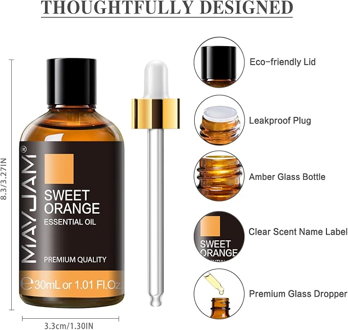 Sweet Orange Essential Oil 30ML/ 1.01FL.OZ, MAYJAM Pure Aromatherapy Sweet Orange Oil for Massage, Diffuser, Soap Making, Long Lasting Scents