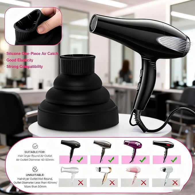 Universal Silicone Hair Dryer Diffuser Attachment, Collapsible & Portable Blow Hair Diffuser for Curly/Wavy Hair Travel Use, Lightweight Folding Fits 1.57-1.99" Nozzles for Salon Home (Black)