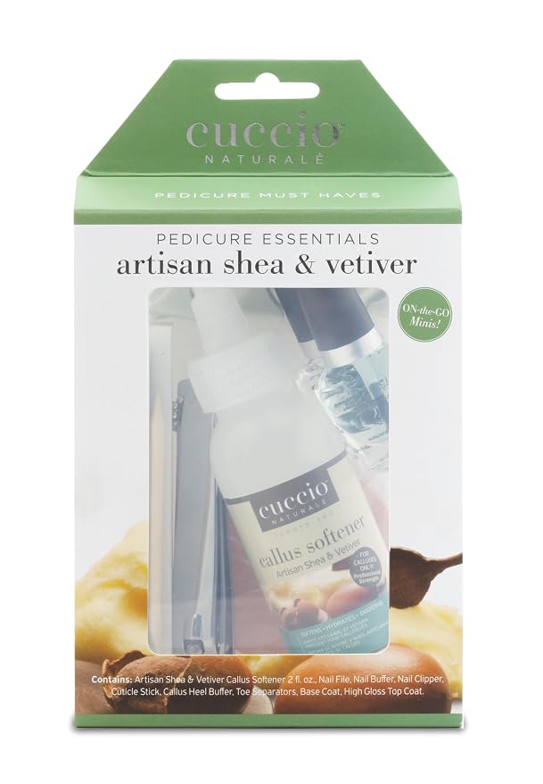 Cuccio Naturale Pedicure Essentials Starter Set, Artisan Shea & Vetiver, 8-Piece At-Home Pedicure Kit with Callus Softener 2 oz, Base & Top Coat, Heel Buffer & Nail Tools