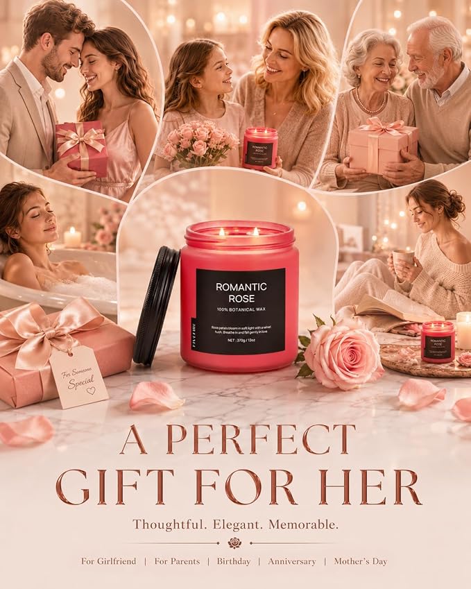 Rose Scented Candles for Home, 13oz Natural Soy Wax 2-Wick Candle, Up to 76-Hour Clean Burn, Romantic Floral Home Fragrance, Relaxing Candle Gifts for Women, Mom, Wife