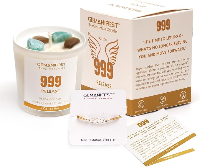 Angel Number 999 Manifestation Candle Crystal Infused Soy Wax with Smoky Quartz and Amazonite Frankincense Scented Spiritual Gift for Release and Energy Alignment