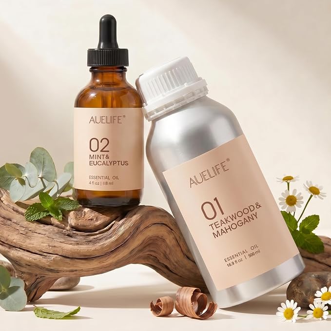 Auelife 16.9oz (500 ml) Teakwood & Mahogany Essential Oils for Diffusers for Home, Large Aluminum Bottle Fragrance Oil for Candle & Soap Making, Aromatherapy Oil for DIY Scents & Home Fragrance