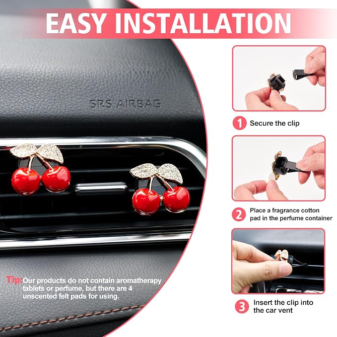 Rislobx 4PCS Cherry Air Vent Clip, Bling Air Outlet Freshener Clip, Crystal Diamond Cherry Car Accessories, Girly Car Decor for Women