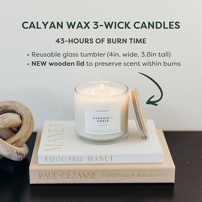 Calyan Wax Co. Oakmoss & Amber 3 Wick Scented Candle - 43 Hour Burn - Luxury 3 Wick Soy Candles - Clean Soy Wax Candles - Long Lasting Large Glass Jar Candle for Home - 14.9oz