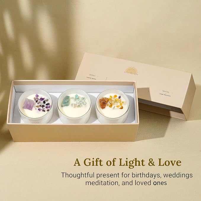 AvaConcept Healing Crystal Candle Gift Set – Set of 3 Amethyst, Amazonite & Sunstone Hand-Poured Soy Wax Lavender Jasmine, Coastal Breeze & Jungle Attachment Aromatherapy 3.5oz Each | Premium Gift Box