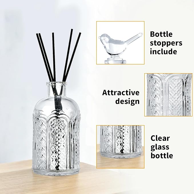 Reed Diffuser Glass Bottles Empty Set of 4 DIY Clear Decorative Bottles Fragrance Vase Jars Oil Diffusers Container with Sticks for Home Office Desk Wedding Valentine Decor Car Girl Women