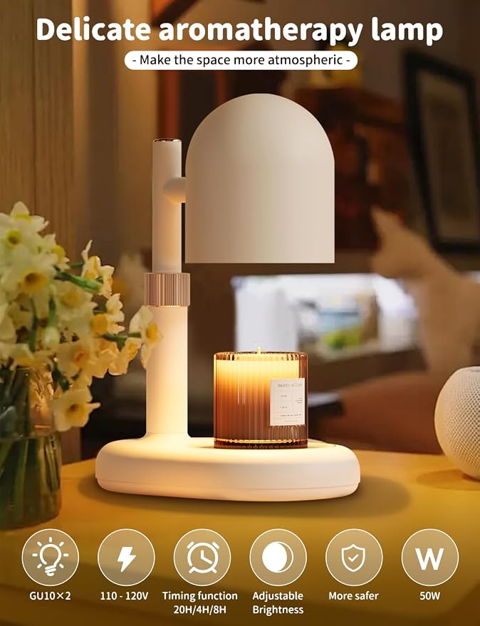 Candle Warmer Lamp with Timer & Dimmer, Adjustable Height Candle Warmer, Wax Warmer Lamp for Candles with 2 GU10 Bulbs, Home Decor House Warming Gifts