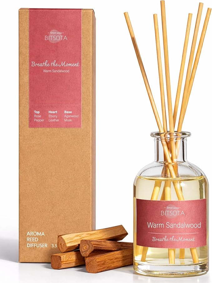 Natural Reed Diffuser Set, Warm Sandalwood 3.52 oz (100ml) Scented Diffuser with Sticks Home Fragrance Reed Diffuser for Bathroom Shelf Decor, Ideal Gift for Woman