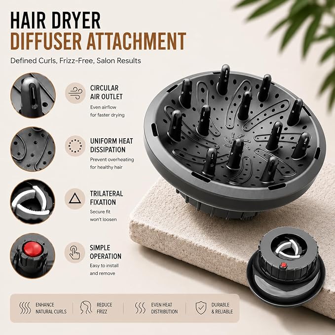 WPESI Diffuser Attachment for Hair Dryer,Hair Dryer Diffuser, Hair Diffuser Adaptable for Blow Dryers with D-1.4-Inch to 2.4-Inch for Curly or Wavy Hair,(Black)