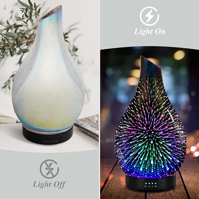 Aromatherapy Essential Oil Diffuser for Home- Art Glass Diffuser for Essential Oils with Waterless Auto Shut-Off 4 Timer 7 Colors LED Night Light for Home Office Decor Gifts for Women
