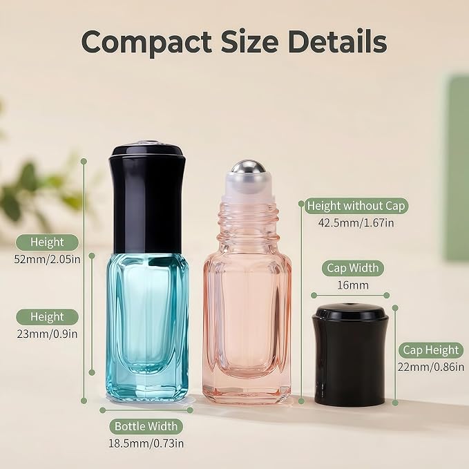 6Pcs 3ML Empty Clear Colorful Octagonal Glass Essential Oil Roller Bottles with Steel Roller Balls and Black Caps Refillable Perfume Roll-on Bottle Sample Dispensers Storage Container Vials Jars