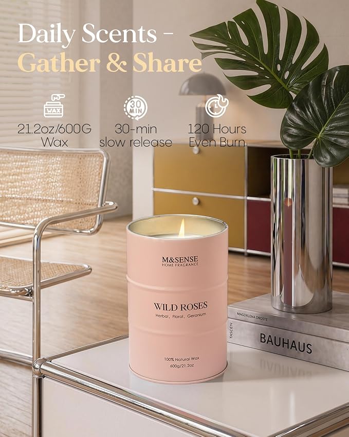 M&SENSE Wild Rose Large Natural Scented Candle, 120 Hours Long Lasting Soy Candles 21.2oz, Stress Relief Luxury Aromatherapy Candles for Women, Romantic Candle Valentines Day Gifts