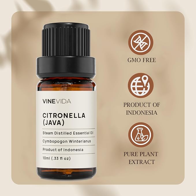 VINEVIDA Citronella Java Essential Oil 10 mL - Undiluted Citronella Oil 10 mL - Citronella Candle Oil Scent - DIY Candle Scents for Candlemaking - 10 mL Essential Oil for Soap Making Safe for Skin