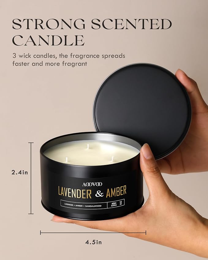 AOOVOO Lavender Amber Candles for Men - 3 Wick 12oz Large Scented Candle, Long Lasting Soy Candles for Home Scented, Strong Fragranced Masculine Black Candle Gift for Women & Men