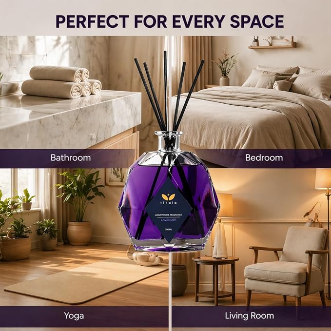 Luxury Reed Diffuser with Lavender Scent – Crystal Glass Bottle – Home Fragrance for Living Room Bathroom & Office – 23.67 fl oz 700 ml
