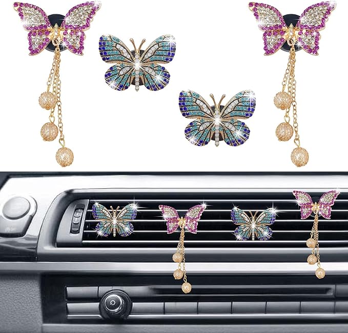Bling Butterfly Air Vent Clips, 4 Pcs Crystal Pendant Fresheners, Diffuser Diamond Decoration, Cute Interior Decor Accessories for Women