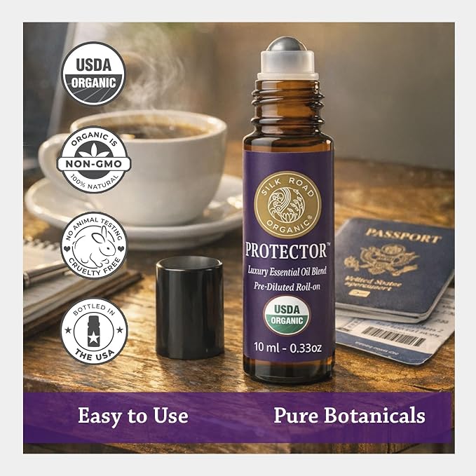 Silk Road Organic Protector Essential Oil Immunity Blend Roll On, Purifying Thieves Oil Formula, 100% Pure USDA Certified Clove Bud, Cinnamon Bark, Rosemary, Lemon, Eucalyptus - 10 ml Roller