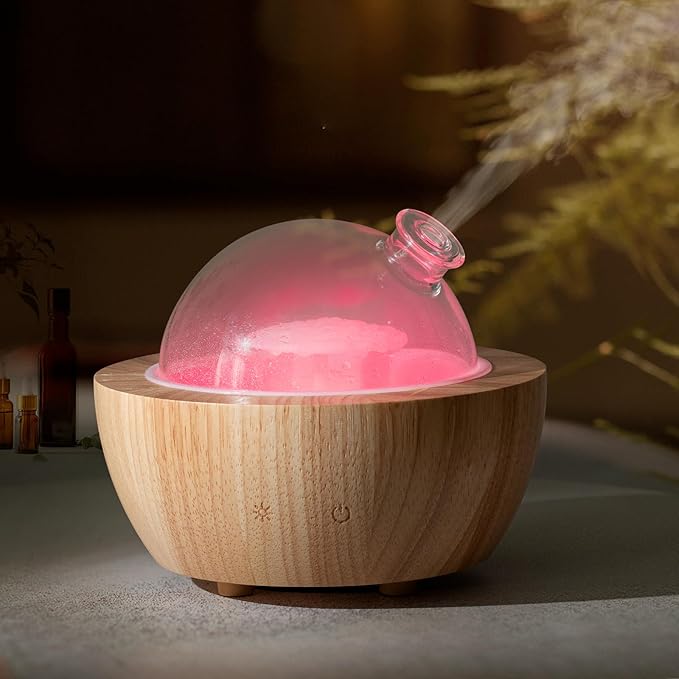 280ml Glass Essential Oil Diffuser with Natural Wood Base, The 2025 Upgrade Aromatherapy Diffusers for Home, Cool Mist Air Aroma Diffuse Humidifier with 7 Color Lights for Office, Bedroom