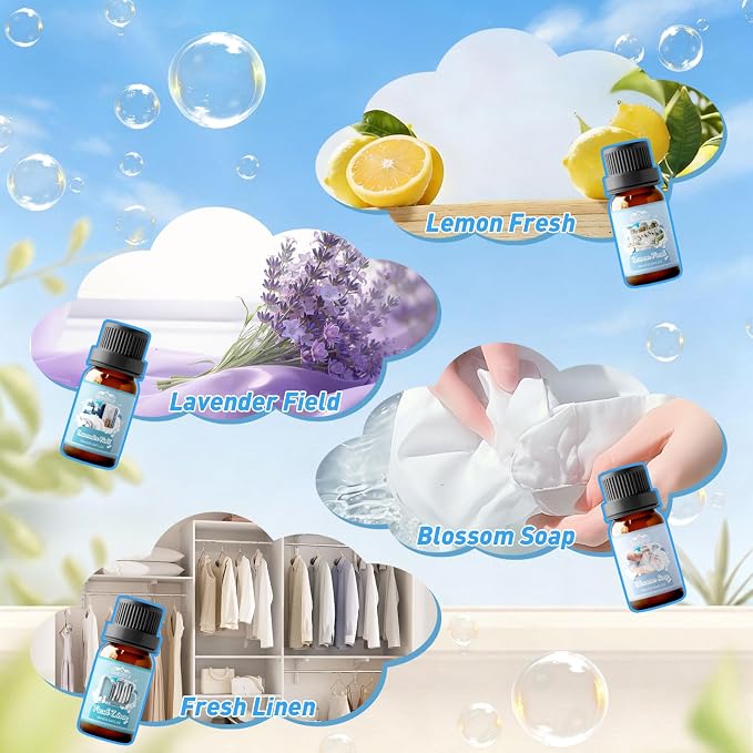 Diffuser Fragrance Oils, Essential Oils for Diffuser for Home, 8x10ml Clean and Laundry Set, Clean Scents for Candle & Soap Making, Fresh Linen, Clean Cotton, Lavender Field, Lemon Fresh, Blossom Soap
