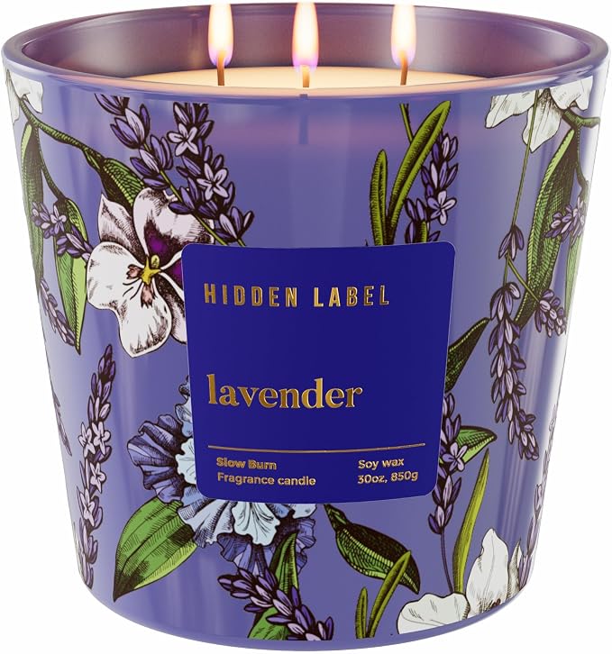 Hidden Label Extra Large Lavender Candle, 30oz 3-Wick Soy Wax, 100H Burn | Even Burn | 100H Long Lasting | Premium Lavender Aromatherapy | Stress Relief & Sleep | Non-Toxic Soy Wax
